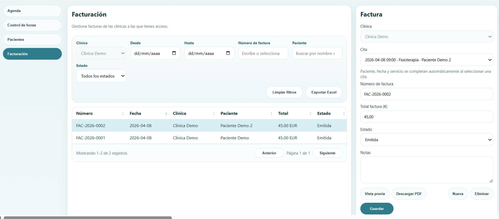 Vista del módulo de facturación de ClinicFlow